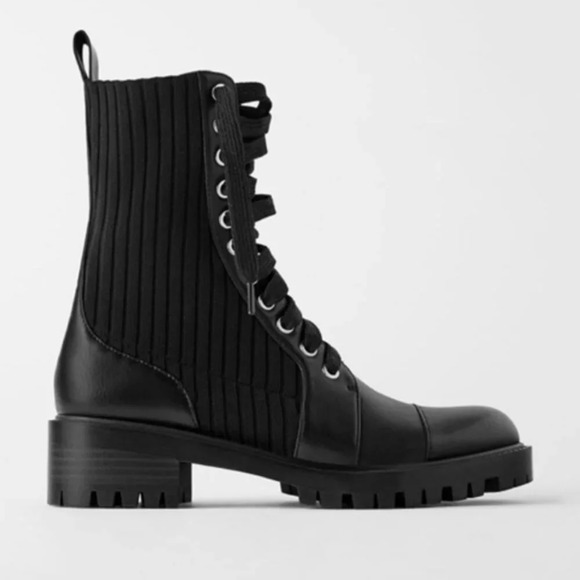 Zara Low Heeled Contrasting Moto Combat Lace Up Ankle Biker Boots Black Size 41. - Picture 4 of 16